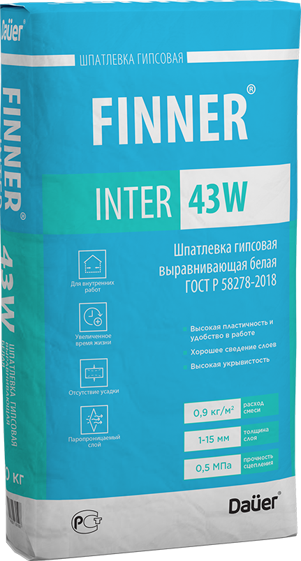FINNER® INTER 43 W Шпатлевка гипсовая выравнивающая белая 100, ГОСТ Р 58278