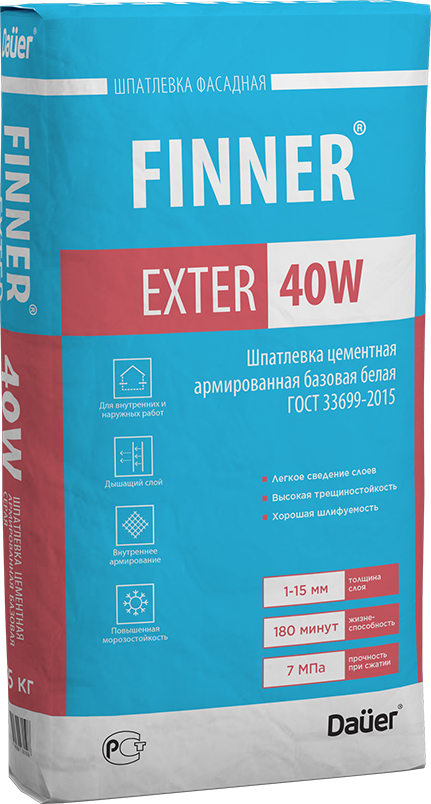 FINNER® EXTER 40W Шпатлевка цементная армированная базовая белая